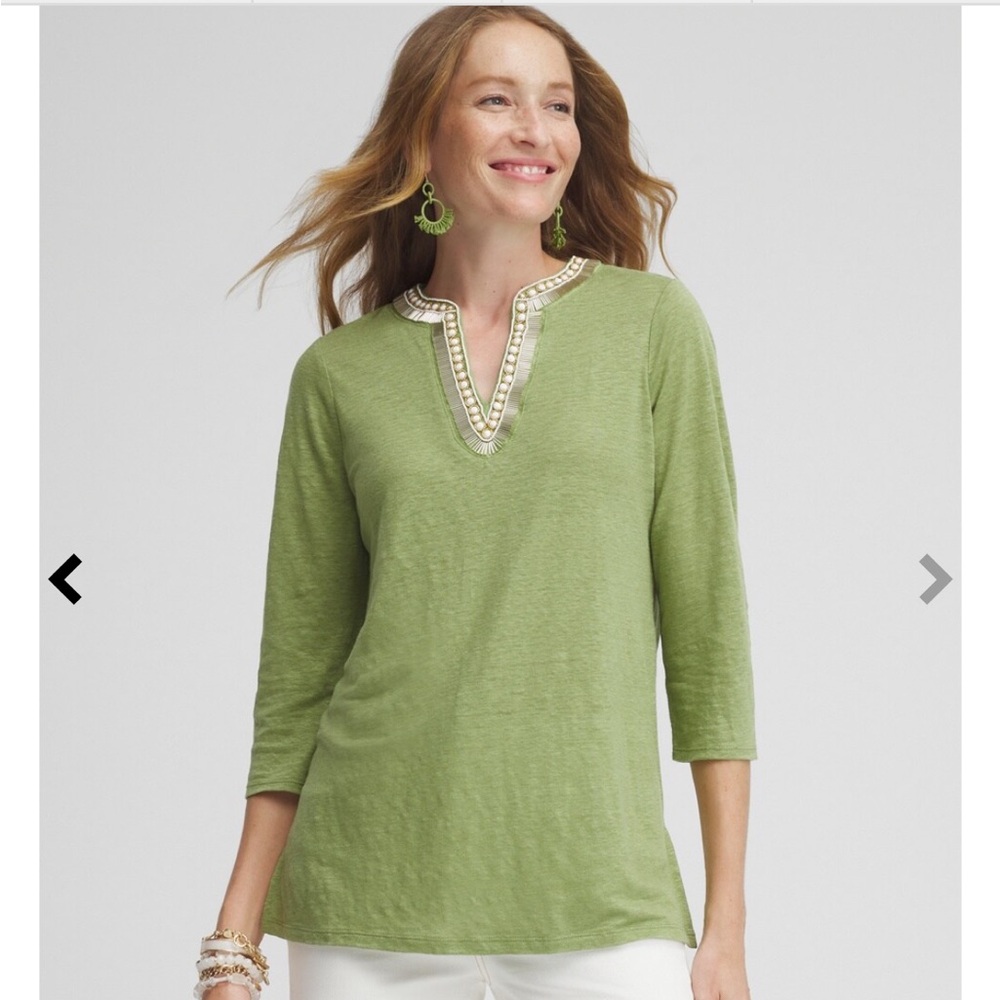 CHICO’S Size L Green Linen Embellished Tunic New Without Tag